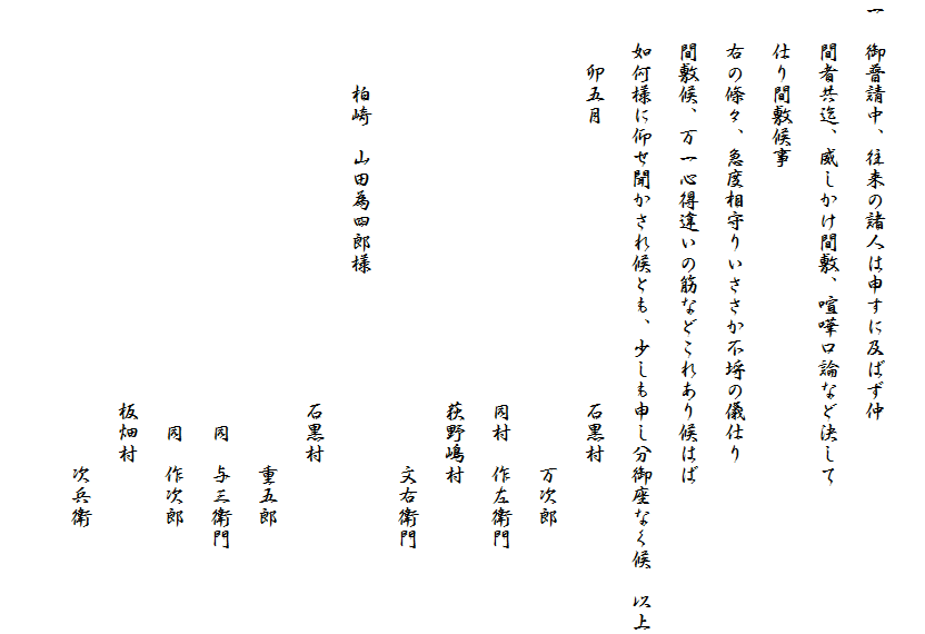 
一　御普請中、往来の諸人は申すに及ばず仲
　　間者共迄、威しかけ間敷、喧嘩口論など決して
　　仕り間敷候事
　　右の條々、急度相守りいささか不埒の儀仕り
　　間敷候、万一心得違いの筋などこれあり候はば
　　如何様に仰せ聞かされ候とも、少しも申し分御座なく候　以上
　　　卯五月　　　　　　　　　　　　　石黒村
　　　　　　　　　　　　　　　　　　　　　　万次郎
　　　　　　　　　　　　　　　　　　　同村　作左衛門
　　　　　　　　　　　　　　　　　　　荻野嶋村
　　　　　　　　　　　　　　　　　　　　　　文右衛門
　　　　柏崎　山田為四郎様
　　　　　　　　　　　　　　　　　　　石黒村　
　　　　　　　　　　　　　　　　　　　　　　重五郎
　　　　　　　　　　　　　　　　　　　　同　与三衛門
　　　　　　　　　　　　　　　　　　　　同　作次郎
　　　　　　　　　　　　　　　　　　　板畑村
　　　　　　　　　　　　　　　　　　　　　　次兵衛
