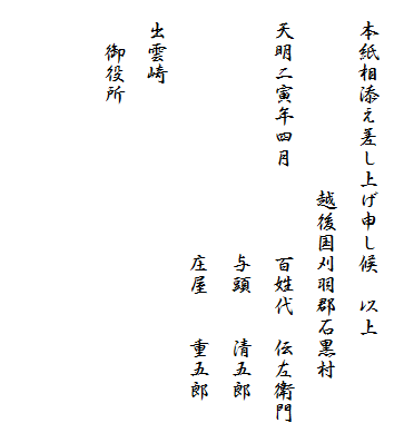 
　本紙相添え差し上げ申し候　以上
　　　　　　　　　越後国刈羽郡石黒村
　天明二寅年四月　　　　百姓代　伝左衛門
　　　　　　　　　　　　与頭　　清五郎
　　　　　　　　　　　　庄屋　　重五郎
　出雲崎
　　御役所
　　　　　　　　　　
