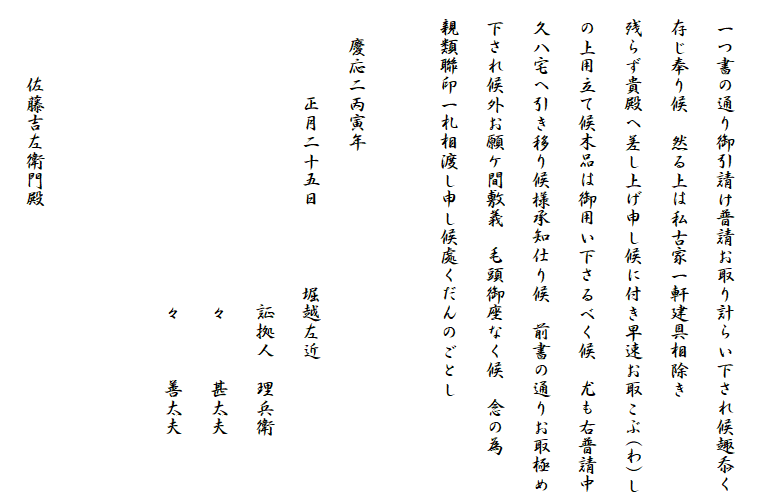 
　一つ書の通り御引請け普請お取り計らい下され候趣忝く
　存じ奉り候　然る上は私古家一軒建具相除き
　残らず貴殿へ差し上げ申し候に付き早速お取こぶ(わ)し
　の上用立て候木品は御用い下さるべく候　尤も右普請中
　久八宅へ引き移り候様承知仕り候　前書の通りお取極め
　下され候外お願ケ間敷義　毛頭御座なく候　念の為
　親類聯印一札相渡し申し候處くだんのごとし
　
　　慶応二丙寅年
　　　　　正月二十五日　　　　堀越左近
　　　　　　　　　　　　　　　　証拠人　理兵衛
　　　　　　　　　　　　　　　　々　　　甚太夫
　　　　　　　　　　　　　　　　々　　　善太夫


　　　　佐藤吉左衛門殿