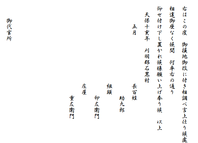 
　右はこの度　御損地御改に付き相調べ言上仕り候處
　相違御座なく候間　何卒右の通り
　仰せ付け下し置かれ候様願い上げ奉り候　以上
　　天保十亥年　刈羽郡石黒村
　　　　五月　　　　　　　　長百姓
　　　　　　　　　　　　　　　　助九郎
　　　　　　　　　　　　　　組頭
　　　　　　　　　　　　　　　　卯左衛門
　　　　　　　　　　　　　　庄屋
　　　　　　　　　　　　　　　　重左衛門




　　　御代官所