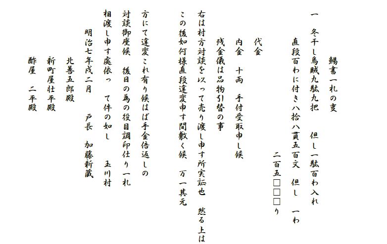 

　
　　　　　　鯣書一札の?
　一　冬干し烏賊九駄九把　　但し一駄百わ入れ
　　　　直段百わに付き八拾八貫五百文　但し　一わ
　　　　　　　　　　　　　　　　二百五□□□り
　　　　代金
　　　　内金?十両　手付受取申し候
　　　　残金儀は品物引替の事
　右は村方対談を以って売り渡し申す所実証也　然る上は
　この後如何様直段違変申す間敷く候　万一其元

　方にて違変これ有り候はば手金倍返しの
　対談御座候　後日の為の役目調印仕り一札
　相渡し申す處依っ　て件の如し　　玉川村
　　　明治七年戌二月　　戸長　加藤新蔵
　　　　　　北善五郎殿
　　　　　　新町屋壮平殿
　　　　　　酢屋　二平殿
