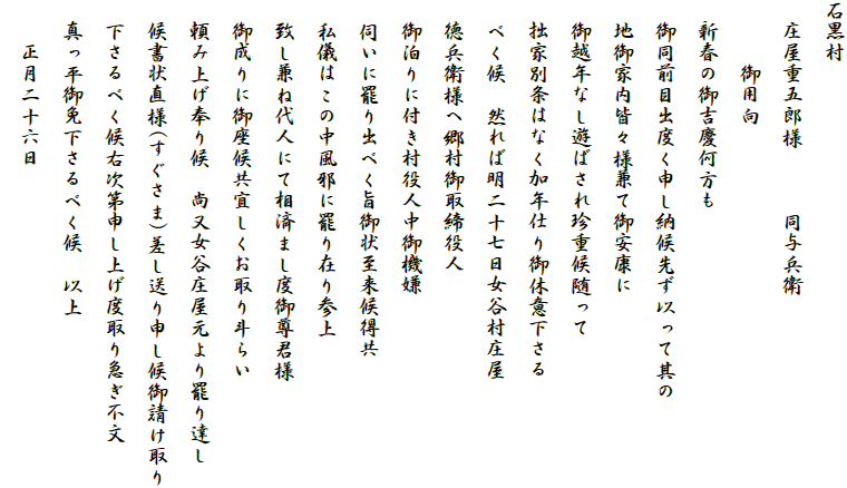 石黒村
　庄屋重五郎様　　　同与兵衛
　　　御用向
　新春の御吉慶何方も
　御同前目出度く申し納候先ず以って其の
　地御家内皆々様兼て御安康に
　御越年なし遊ばされ珍重候随って
　拙家別条はなく加年仕り御休意下さる
　べく候　然れば明二十七日女谷村庄屋
　徳兵衛様へ郷村御取締役人
　御泊りに付き村役人中御機嫌
　伺いに罷り出べく旨御状至来候得共
　私儀はこの中風邪に罷り在り参上
　致し兼ね代人にて相済まし度御尊君様
　御成りに御座候共宜しくお取り斗らい
　頼み上げ奉り候　尚又女谷庄屋元より罷り達し
　候書状直様(すぐさま)差し送り申し候御請け取り
　下さるべく候右次第申し上げ度取り急ぎ不文
　真っ平御免下さるべく候　以上
　　正月二十六日