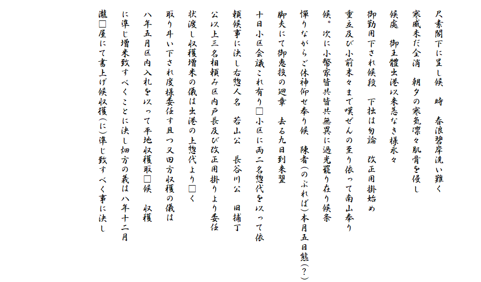 

　尺素閣下に呈し候　時　春浪碧岸洗い難く
　寒威未だ全消　朝夕の寒気凛々肌骨を侵し
　候處　御王體出港以来恙なき様永々
　御勤用下され候段　下拙は勿論　改正用掛始め
　重立及び小前末々まで嘆ぜんの至り依って南山奉り
　候。次に小幣家皆共皆共無異に過光罷り在り候条
　憚りながらご休神仰せ奉り候　陳者(のぶれば)本月五日熊(？)
　脚夫にて御恵投の廻章　去る九日到来翌
　十日小区会議これ有り□小区に両二名惣代を以って依
　頼候事に決し右惣人名　若山公　長谷川公　旧捕丁
　公以上三名相頼み区内戸長及び改正用掛りより委任
　状渡し収穫増米の儀は出港の上惣代より□く
　取り斗い下され度様委任す且つ又田方収穫の儀は
　八年五月区内入札を以って平地収穫取□候　収穫
　に準じ増米致すべくことに決し畑方の義は八年十二月
　瀧□屋にて書上げ候収獲(に)準じ致すべく事に決し
　

　
　