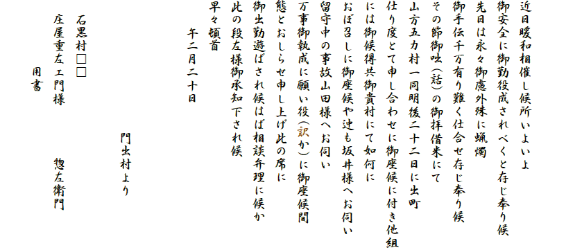 

近日暖和相催し候所いよいよ
御安全に御勤役成されべくと存じ奉り候
先日は永々御慮外殊に蝋燭
御手伝千万有り難く仕合せ存じ奉り候
その節御咄(話)の御拝借米にて
山方五カ村一同明後二十二日に出町
仕り度とて申し合わせに御座候に付き他組
には御候得共御貴村にて如何に
おぼ召しに御座候や迚も坂井様へお伺い
留守中の事故山田様へお伺い
万事御執成に願い役(訳か)に御座候間
態とおしらせ申し上げ此の席に
御出勤遊ばされ候はば相談弁理に候か
此の段左様御承知下され候
早々頓首
　　午二月二十日
　　

　　　　　　　　　　門出村より
　
　石黒村□□
　庄屋重左エ門様　　　　惣左衛門
　　　　　用書
