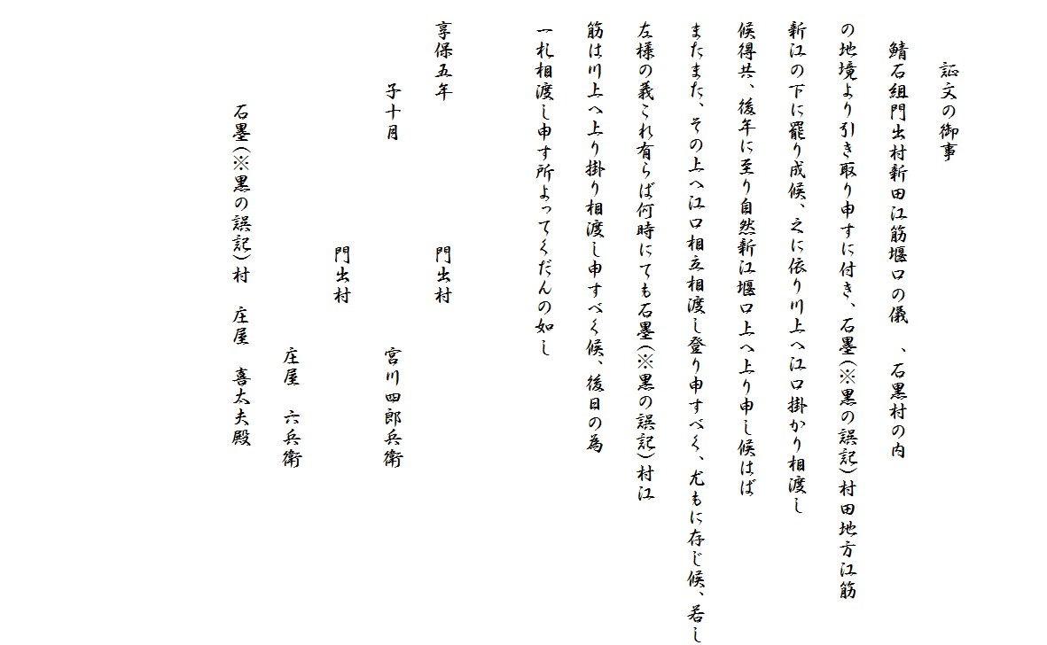 

　　　証文の御事
　　鯖石組門出村新田江筋堰口の儀　、石黒村の内
　の地境より引き取り申すに付き、石墨(※黒の誤記)村田地方江筋
　新江の下に罷り成候、之に依り川上へ江口掛かり相渡し
　候得共、後年に至り自然新江堰口上へ上り申し候はば
　またまた、その上へ江口相立相渡し登り申すべく、尤もに存じ候、若し
　左様の義これ有らば何時にても石墨(※黒の誤記)村江
　筋は川上へ上り掛り相渡し申すべく候、後日の為
　一札相渡し申す所よってくだんの如し
　
　享保五年　　　　　　　門出村
　　　　子十月　　　　　　　　　　宮川四郎兵衛
　　　　　　　　　　　　門出村
　　　　　　　　　　　　　　　　　庄屋　六兵衛
　　　　　石墨(※黒の誤記)村　庄屋　喜太夫殿

　　　　　　　　　　

