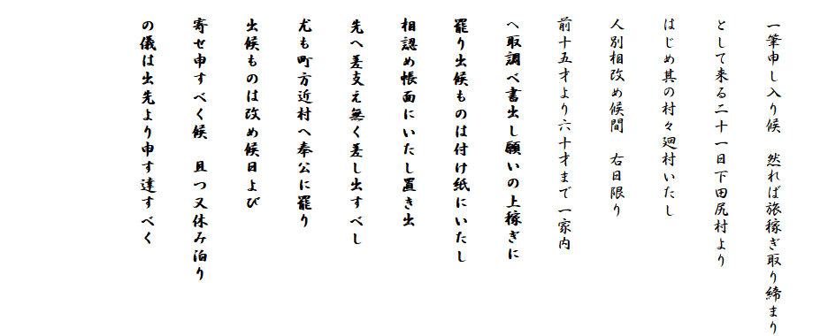 
　一筆申し入り候　然れば旅稼ぎ取り締まり
　として来る二十一日下田尻村より
　はじめ其の村々廻村いたし
　人別相改め候間　右日限り
　前十五才より六十才まで一家内
　へ取調べ書出し願いの上稼ぎに
　罷り出候ものは付け紙にいたし
　相認め帳面にいたし置き出
　先へ差支え無く差し出すべし
　尤も町方近村へ奉公に罷り
　出候ものは改め候日よび
　寄せ申すべく候　且つ又休み泊り
　の儀は出先より申す達すべく

