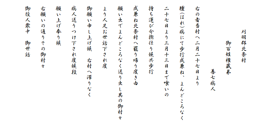 
　　　　　刈羽郡北条村
　　　　　　　御百姓権蔵弟
　　　　　　　　　　　　善七病人
　右の者当村へ二月二十七日より
　腫(はれ)病にて歩行成兼ね、よんどころなく
　二十七日より三月十三日まで喰いの
　持ち運び介抱仕り候共歩行
　成兼ね北条村へ罷り帰り度き由
　願い出でよんどころなく送り出し其の御村々
　より人足お世話下され度
　御願い申し上げ候　右村へ滞りなく
　病人送りつけ下され度候段
　願い上げ奉り候
　右願いの通りその御村々
　御役人衆中　御世話
