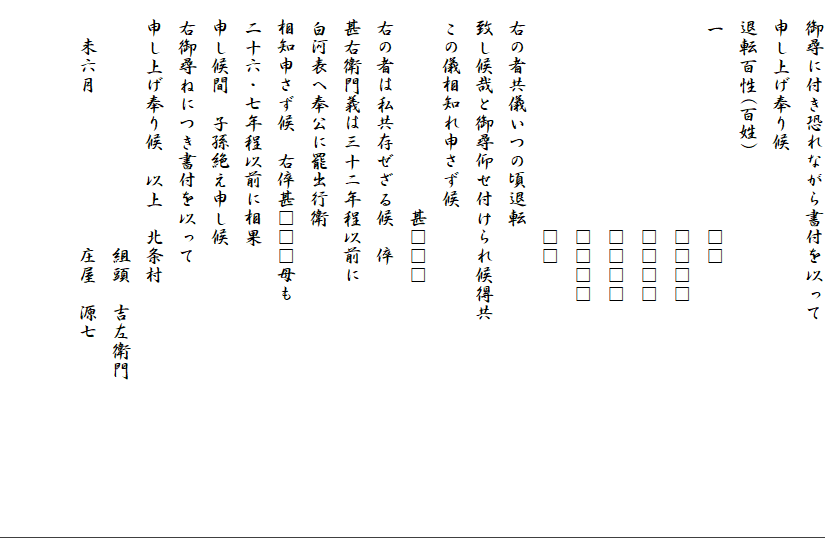 　御尋に付き恐れながら書付を以って　
　申し上げ奉り候
　退転百性(百姓)
　一　　　　　　　　　　□□
　　　　　　　　　　　　□□□□
　　　　　　　　　　　　□□□□
　　　　　　　　　　　　□□□□
　　　　　　　　　　　　□□□□
　　　　　　　　　　　　□□
　右の者共儀いつの頃退転
　致し候哉と御尋仰せ付けられ候得共　　　　　　　　　　　
　この儀相知れ申さず候
　　　　　　　　　　　甚□□□
　右の者は私共存ぜざる候　倅
　甚右衛門義は三十ニ年程以前に
　白河表へ奉公に罷出行衛
　相知申さず候　右倅甚□□□母も
　二十六・七年程以前に相果
　申し候間　子孫絶え申し候
　右御尋ねにつき書付を以って
　申し上げ奉り候　以上　北条村
　　　　　　　　　　　　　組頭　吉左衛門
　　未六月　　　　　　　　庄屋　源七





