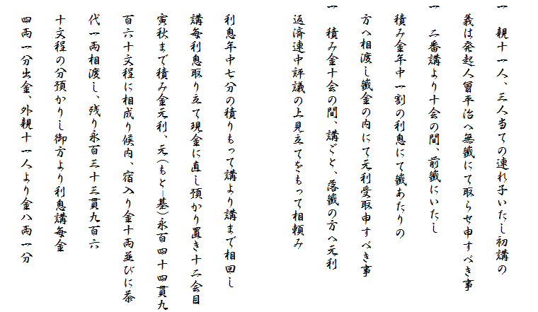 
一　親十一人、三人当ての連れ子いたし初講の
　義は発起人曾平治へ無籤にて取らせ申すべき事
一　二番講より十会の間、前籤にいたし
　積み金年中一割の利息にて籤あたりの
　方へ相渡し籤金の内にて元利受取申すべき事
一　積み金十会の間、講ごと、落籤の方へ元利
　返済連中評議の上見立てをもって相頼み

　利息年中七分の積りもって講より講まで相回し
　講毎利息取り立て現金に直し預かり置き十二会目
　寅秋まで積み金元利、元(もと-基)永百四十四貫九
　百六十文程に相成り候内、宿入り金十両並びに茶
　代一両相渡し、残り永百三十三貫九百六
　十文程の分預かりし御方より利息講毎金
　四両一分出金、外親十一人より金八両一分