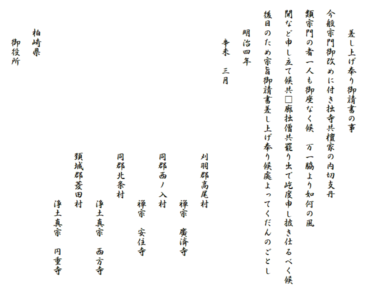 
　　　差し上げ奉り御請書の事
　今般宗門御改めに付き拙寺共檀家の内切支丹
　類宗門の者一人も御座なく候　万一脇より如何の風
　聞など申し立て候共□廊拙僧共罷り出で屹度申し披き仕るべく候
　後日のため宗旨御請書差し上げ奉り候處よってくだんのごとし
　　　明治四年
　　　　辛未　三月
　　　　　　　　　　　　　　　　刈羽郡高尾村
　　　　　　　　　　　　　　　　　　　　　禅宗　廣済寺
　　　　　　　　　　　　　　　　同郡西ノ入村
　　　　　　　　　　　　　　　　　　　　　禅宗　安住寺
　　　　　　　　　　　　　　　　同郡北条村
　　　　　　　　　　　　　　　　　　　　　浄土真宗　西方寺
　　　　　　　　　　　　　　　　頚城郡菱田村
　　　　　　　　　　　　　　　　　　　　　浄土真宗　円重寺
　　　柏崎県
　　　　御役所