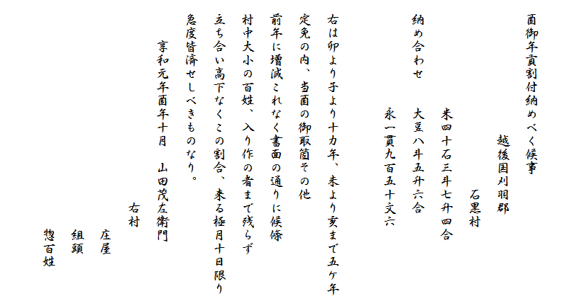 
　酉御年貢割付納めべく候事
　　　　　　　　　　越後国刈羽郡
　　　　　　　　　　　　　　石黒村
　　　　　　　　米四十石三斗七升四合
　納め合わせ　　大豆八斗五升六合
　　　　　　　　永一貫九百五十文六

　右は卯より子より十カ年、未より亥まで五ケ年
　定免の内、当酉の御取箇その他
　前年に増減これなく書面の通りに候條
　村中大小の百姓、入り作の者まで残らず
　立ち合い高下なくこの割合、来る極月十日限り
　急度皆済せしべきものなり。
　　　享和元年酉年十月　山田茂左衛門
　　　　　　　　　　　　　　　右村
　　　　　　　　　　　　　　　　　庄屋
　　　　　　　　　　　　　　　　　組頭
　　　　　　　　　　　　　　　　　惣百姓
