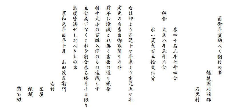 　
　　　酉御年貢納べく割付の事
　　　　　　　　　　　　　越後国刈羽郡
　　　　　　　　　　　　　　　　石黒村

　　　　　米四十石三斗七升四合
　　納合　大豆八斗五升六合
　　　　　永一貫九百五拾文六分

　右は卯より子迄十ケ年末より亥迄五ケ年
　定免の内当酉御取箇その外
　前年に増減これ無く書面の通り候条
　村中大小の百姓入作のもの迄残らず
　立会高下なくこれを割合来る極月十日限り
　急度皆済せしむべきもの也
　　享和元年酉年十月　山田茂左衛門
　　　　　　　　　　　　　　　右村
　　　　　　　　　　　　　　　　庄屋
　　　　　　　　　　　　　　　　組頭
　　　　　　　　　　　　　　　　惣百姓
