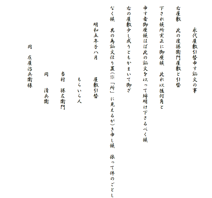 
　　　　　永代屋敷引替申す証文の事
　右屋敷　此の度孫衛門屋敷と引替
　下され候所実正に御座候　此れ以後何角と
　申す者御座候はば此の証文を以って埒明け下さるべく候
　右の屋敷少し成りともかまいて御ざ
　なく候　其の為証文仕り置(※「所」に見えるが)き申し候　依って件のごとし
　　　　明和五年子八月　　　屋敷引替
　　　　　　　　　　　　　　もらいら人
　　　　　　　　　　　　　当村　孫左衛門
　　　　　　　　　　　　　同　　清兵衛
　　　　　　　　同　庄屋治兵衛様
　