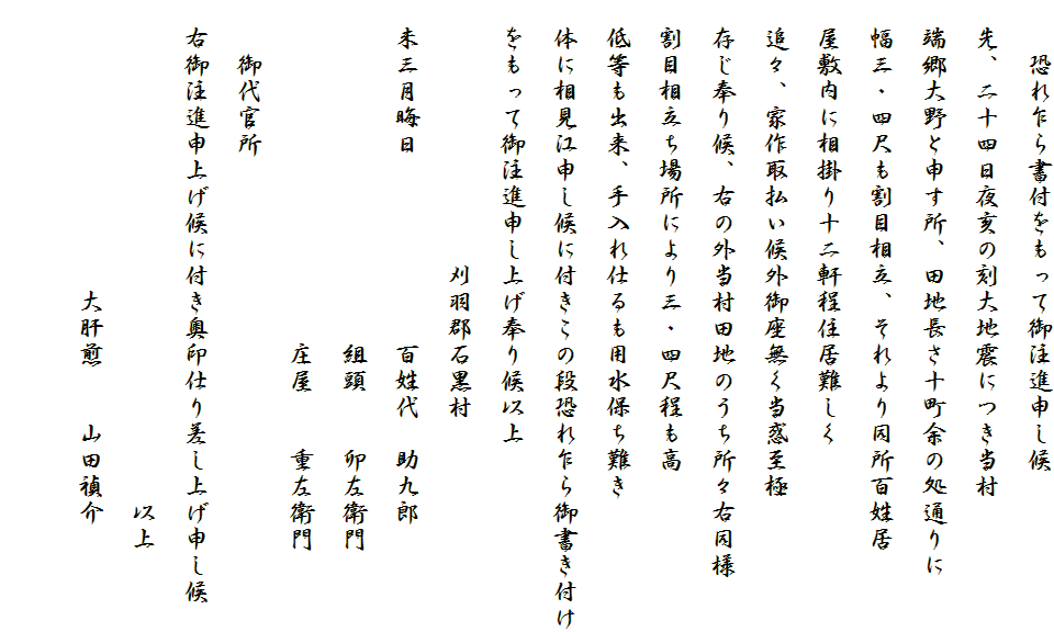 　　恐れ乍ら書付をもって御注進申し候
　先、二十四日夜亥の刻大地震につき当村
　端郷大野と申す所、田地長さ十町余の処通りに
　幅三・四尺も割目相立、それより同所百姓居
　屋敷内に相掛り十二軒程住居難しく
　追々、家作取払い候外御座無く当惑至極
　存じ奉り候、右の外当村田地のうち所々右同様
　割目相立ち場所により三・四尺程も高
　低等も出来、手入れ仕るも用水保ち難き
　体に相見江申し候に付きこの段恐れ乍ら御書き付け
　をもって御注進申し上げ奉り候以上
　　　　　　　　　　刈羽郡石黒村
　未三月晦日　　　　　　　百姓代　助九郎
　　　　　　　　　　　　　組頭　　卯左衛門
　　　　　　　　　　　　　庄屋　　重左衛門
　　御代官所
　右御注進申上げ候に付き奥印仕り差し上げ申し候
　　　　　　　　　　　　　　　　　　　以上
　　　　　　　　　　　大肝煎　　山田禎介
