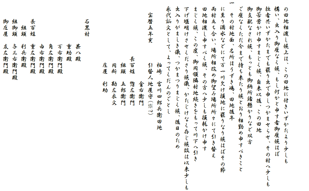 


　の田地相渡し候上は、この田地に付きいずかたより少しも
　構い、出入り御座なく候、もし何かと申す者御座候はば
　拙者共いずかたまでも罷り出で申しつかませらせ、その村へ少しも
　御苦労かけ申すまじく候、自来以後、この田地
　御支配なされ候、もっとも御納所諸懸かりなど双方
　ご座なくただ今まで持ち来たり候とおり相勤め申すべきこと
一　その村地面、名所ほうずき嶋、田地後年
　に至り満水などにて万一川欠け損地に罷りなり候はばその節
　両村立ち合い、場所相改め御望み場所所々にて引き替え
　田地相渡し申すべく候、その方へ少しも損耗かけ申す
　まじく候、この度、御同領隣村地続きをもって川下へ引き
　下げ堰明けさせくださり候儀、かたじけなく存じ候故は以来少しも
　出入りがましき儀、つかまつりまじく候、後日のため
　永代証文として、よってくだんのごとし
　　　　　　　　　　柏崎　宮川四郎兵衛田地
　　宝暦五年亥　　　引替人地屋守(※?)
　　　　　　　　　　　　　金右衛門
　　　　　　　　　長百姓　惣左衛門
　　　　　　　　　　組頭　五郎衛門
　　　　　　　　　　同断　勘左衣文
　　　　　　　　　　庄屋　利助

　　　石黒村
　　　　　　　甚八殿
　　　　　　　重助殿
　　　　　　　万右衛門殿
　　　　　　　角左衛門殿
　　　　　　　由右衛門殿
　　　長百姓　重左衛門殿
　　　　組頭　利兵衛殿
　　　組御頭　与三右衛門殿
　　　御庄屋　友左衛門殿