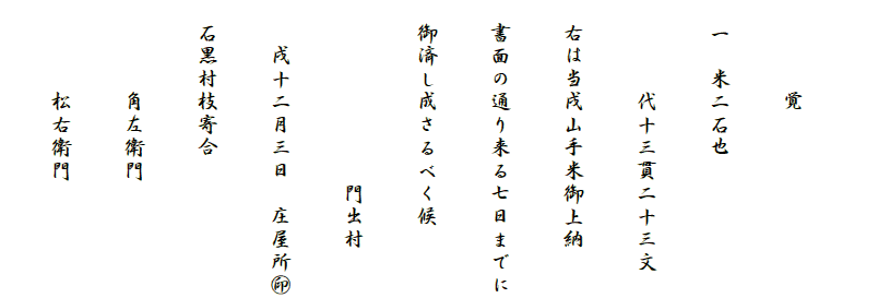 　
　　　　覚
　一　米二石也
　　　　代十三貫二十三文
　右は当戌山手米御上納
　書面の通り来る七日までに
　御済し成さるべく候
　　　　　　　　門出村
　　戌十二月三日　庄屋所?
　石黒村枝寄合
　　　　角左衛門
　　　　松右衛門