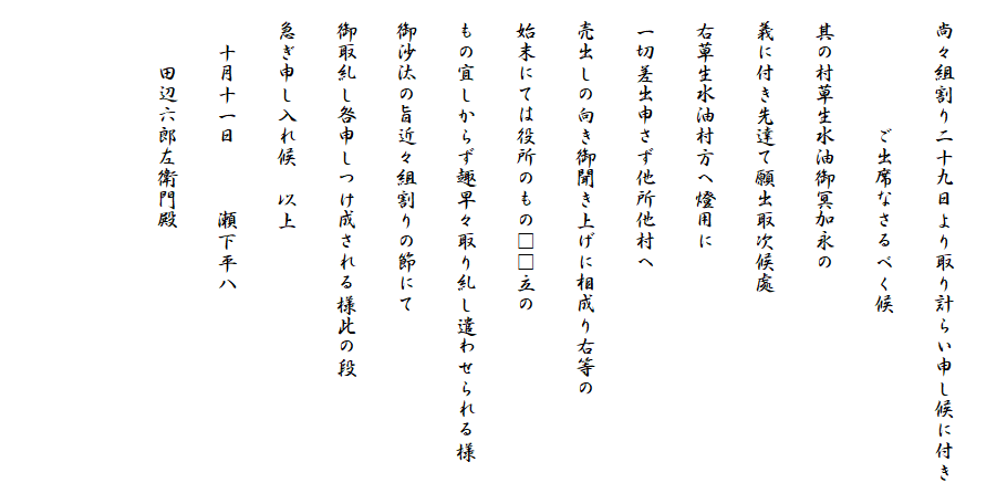 
　尚々組割り二十九日より取り計らい申し候に付き
　　　　　　ご出席なさるべく候
　其の村草生水油御冥加永の
　義に付き先達て願出取次候處
　右草生水油村方へ燈用に
　一切差出申さず他所他村へ
　売出しの向き御聞き上げに相成り右等の
　始末にては役所のもの□□立の
　もの宜しからず趣早々取り糺し遣わせられる様
　御沙汰の旨近々組割りの節にて
　御取糺し咎申しつけ成される様此の段
　急ぎ申し入れ候　以上
　　十月十一日　　　瀬下平八
　　　田辺六郎左衛門殿

