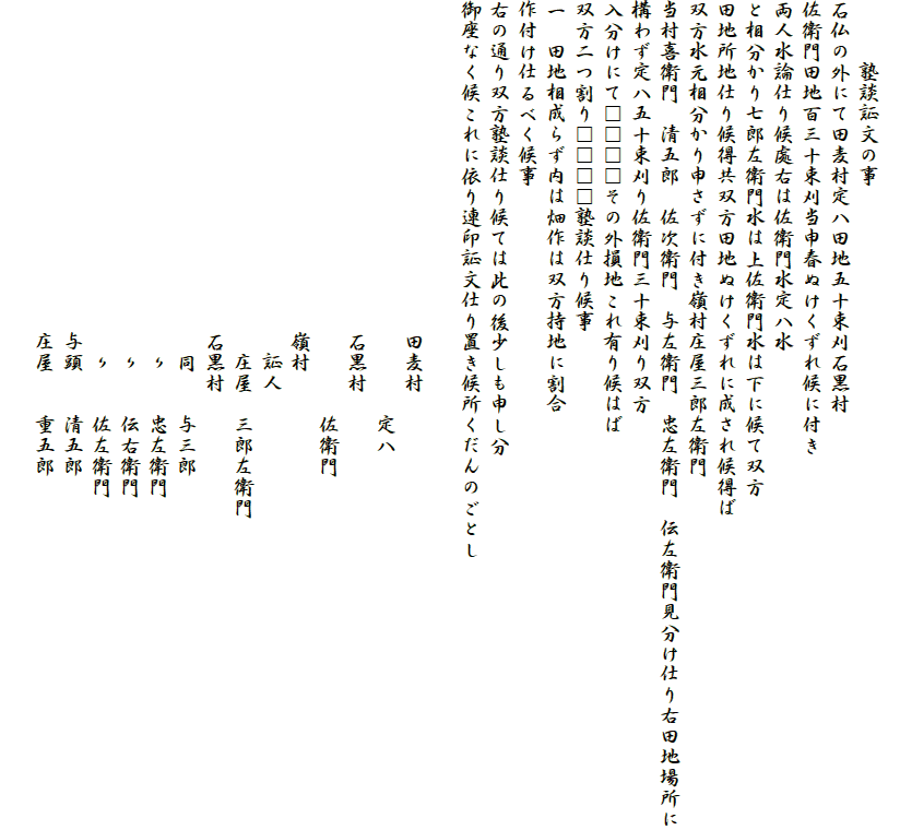 
　　　塾談証文の事
石仏の外にて田麦村定八田地五十束刈石黒村
佐衛門田地百三十束刈当申春ぬけくずれ候に付き
両人水論仕り候處右は佐衛門水定八水
と相分かり七郎左衛門水は上佐衛門水は下に候て双方
田地所地仕り候得共双方田地ぬけくずれに成され候得ば
双方水元相分かり申さずに付き嶺村庄屋三郎左衛門
当村喜衛門　清五郎　佐次衛門　与左衛門　忠左衛門　伝左衛門見分け仕り右田地場所に
構わず定八五十束刈り佐衛門三十束刈り双方
入分けにて□□□□その外損地これ有り候はば
双方二つ割り□□□□塾談仕り候事
一　田地相成らず内は畑作は双方持地に割合
作付け仕るべく候事
右の通り双方塾談仕り候ては此の後少しも申し分
御座なく候これに依り連印証文仕り置き候所くだんのごとし
　
　　　　　　　　　　　　　　　　田麦村
　　　　　　　　　　　　　　　　　　　　定八
　　　　　　　　　　　　　　　　石黒村
　　　　　　　　　　　　　　　　　　　　佐衛門
　　　　　　　　　　　　　　　　嶺村
　　　　　　　　　　　　　　　　　証人
　　　　　　　　　　　　　　　　　庄屋　三郎左衛門
　　　　　　　　　　　　　　　　石黒村
　　　　　　　　　　　　　　　　　同　　与三郎
　　　　　　　　　　　　　　　　　〃　　忠左衛門
　　　　　　　　　　　　　　　　　〃　　伝右衛門
　　　　　　　　　　　　　　　　　〃　　佐左衛門
　　　　　　　　　　　　　　　　与頭　　清五郎
　　　　　　　　　　　　　　　　庄屋　　重五郎
