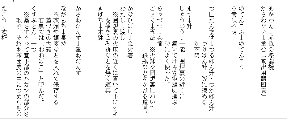 
　
　あかわん→赤色の漆器椀
　かさねだい→重台〔前出用語四頁〕


　ゆてんこふ→ゆてんこう
　※意味不明


　つ□だんます→つるばん升・つかばん升
　　　　　　　つりばん升　等に読める
　　　　　　　が不明。
　ます→升
　じゅうのう→十能　囲炉裏の近くに
　　　　　　　置いてオキを炬燵に運ぶ
　　　　　　　時によく使った。
　ちゃづつ→茶筒
　ごとく→五徳　※火鉢や囲炉裏において
　　　　　　　　　鉄瓶などをかける道具。
　
　かなひばし→金火箸
　わたし→渡し
　　※囲炉裏の火床の近くに置いて下にオキ
　　　を掻きこみ餅などを焼く道具。
　きばち→木鉢


　かさねだんす→重ねだんす

　ながもち→長持
　　※衣類や調度などを入れて保存する
　　　蓋づきの大箱。
　　　石黒では「おおばこ」と呼んだ。
　くずぶとん　一つ
　　※藁をすぐって茎下部のハカマの部分を
　　　取り、それを布団皮の中につめたもの。
　えこう→衣桁　　
　

