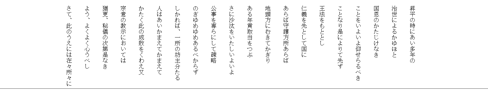 　

　
　
　昇平の時にあい多年の
　治世によるかゆほと
　国恩のかたじけなき
　ことをいよいよ仰せらるべき
　ことなり是によりて先ず
　王法をもととし
　仁義を先として国に
　あらば守護方所あらば
　地頭方にむきてかぎり
　ある年貢取当をつぶ
　さに沙汰をいたしいよいよ
　公事を専らにして疎略
　のぎゆめゆめあるべからず
　しかれば、一所の坊主分たる
　人はあいかまえてかまえて
　かたく此の成敗をくわえ又
　宗意の教示においては
　猶更、秘儀の次第是なき
　よう、よくよく心うべし
　さて、此のうえには在々所々に
　
　
　


