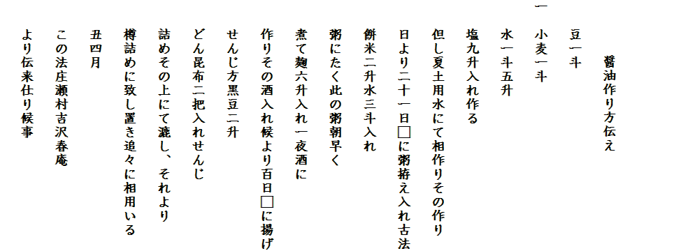 

　　　　醤油作り方伝え
　　豆一斗
一　小麦一斗
　　水一斗五升
　　塩九升入れ作る
　　但し夏土用水にて相作りその作り
　　日より二十一日□に粥拵え入れ古法
　　餅米二升水三斗入れ　
　　粥にたく此の粥朝早く
　　煮て麹六升入れ一夜酒に
　　作りその酒入れ候より百日□に揚げ
　　せんじ方黒豆二升
　　どん昆布二把入れせんじ
　　詰めその上にて漉し、それより
　　樽詰めに致し置き追々に相用いる
　　丑四月
　　この法庄瀬村吉沢春庵
　　より伝来仕り候事