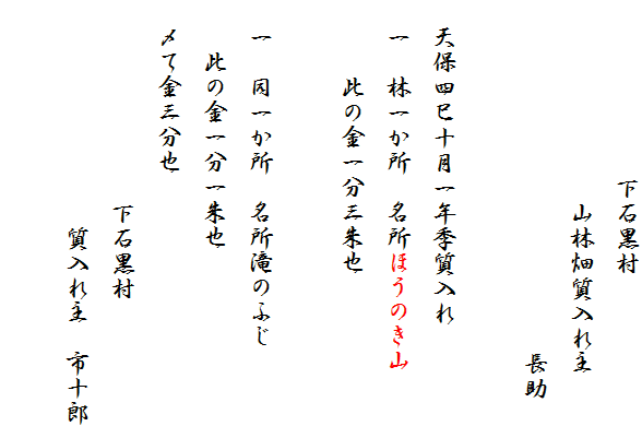 　　　　　　　下石黒村
　　　　　　　　山林畑質入れ主
　　　　　　　　　　　　　　長助

　天保四巳十月一年季質入れ
　一　林一か所　名所ほうのき山
　　　此の金一分三朱也

　一　同一か所　名所滝のふじ
　　此の金一分一朱也
　〆て金三分也
　　　　　　　　下石黒村　
　　　　　　　　　質入れ主　市十郎
