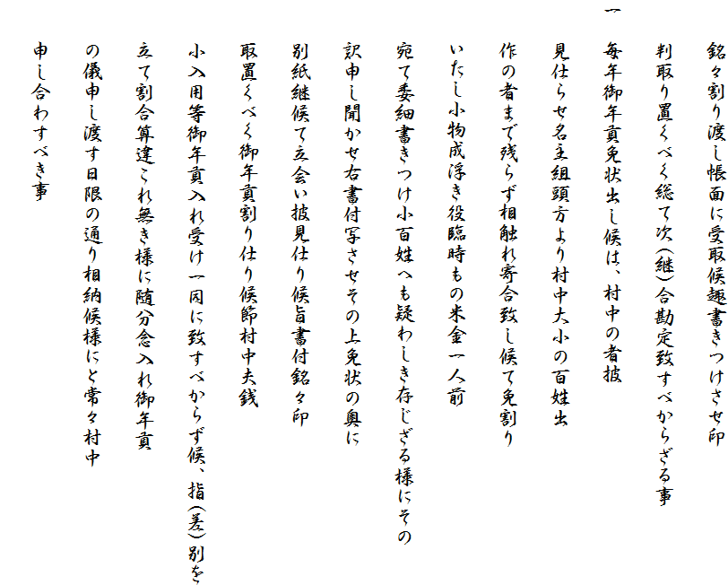 　　銘々割り渡し帳面に受取候趣書きつけさせ印
　　判取り置くべく総て次(継)合勘定致すべからざる事
一　毎年御年貢免状出し候は、村中の者披
　　見仕らせ名主組頭方より村中大小の百姓出
　　作の者まで残らず相触れ寄合致し候て免割り
　　いたし小物成浮き役臨時もの米金一人前
　　宛て委細書きつけ小百姓へも疑わしき存じざる様にその
　　訳申し聞かせ右書付写させその上免状の奥に
　　別紙継候て立会い披見仕り候旨書付銘々印
　　取置くべく御年貢割り仕り候節村中夫銭
　　小入用等御年貢入れ受け一同に致すべからず候、指(差)別を
　　立て割合算違これ無き様に随分念入れ御年貢
　　の儀申し渡す日限の通り相納候様にと常々村中
　　申し合わすべき事