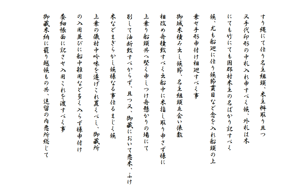 　　

　　すり縄にて仕り名主組頭、米主桝取り且つ
　　又手代印形の中札入れ申すべく候、外札は木
　　にても竹にても国郡村米主の名ばかり記すべく
　　候、尤も船廻に仕り候節貫目など念を入れ船頭の上
　　乗せ手形申付け相廻すべく事
　　御城米積み出し候節、名主組頭立会い俵数
　　相改め舟積致すべく出船中に米指し取り申さず様に
　　上乗り船頭共へ堅く申しつけ舟懸かりの場にて
　　別して油断致すべからず、且つ又、御藏において悪米、ふけ
　　米などまぎらかし候様なる事仕るまじく候
　　上乗の儀村中吟味を遂げこれ置くべし、御藏所
　　の入用並びに船中雑用など多く入らず様申付け
　　委細帳面に記させ入用これを渡すべく事
　　御藏米納に罷り越候もの共、逗留の内悪所総じて

　　