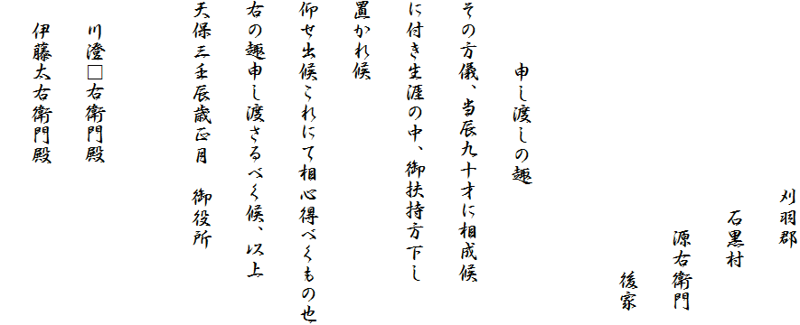 　　　　　　　　　刈羽郡
　　　　　　　　　　石黒村
　　　　　　　　　　　源右衛門
　　　　　　　　　　　　　後家

　　　申し渡しの趣
その方儀、当辰九十才に相成候
に付き生涯の中、御扶持方下し
置かれ候
仰せ出候これにて相心得べくもの也
右の趣申し渡さるべく候、以上
天保三壬辰歳正月　御役所

　川澄□右衛門殿
　伊藤太右衛門殿